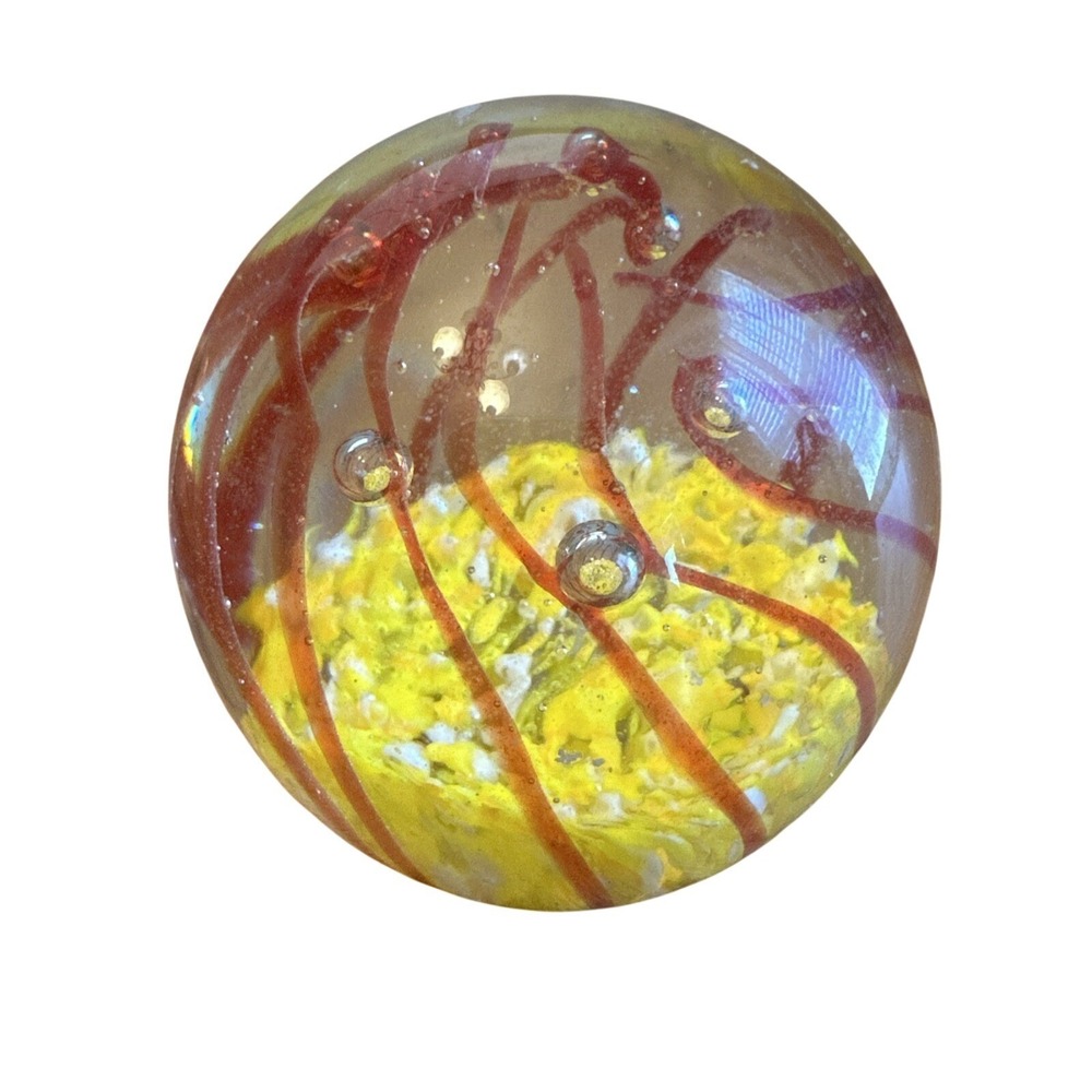 Vintage‎ Art Glass Paperweight Controlled Bubbles Swirl Coral Yellow Striped Red
